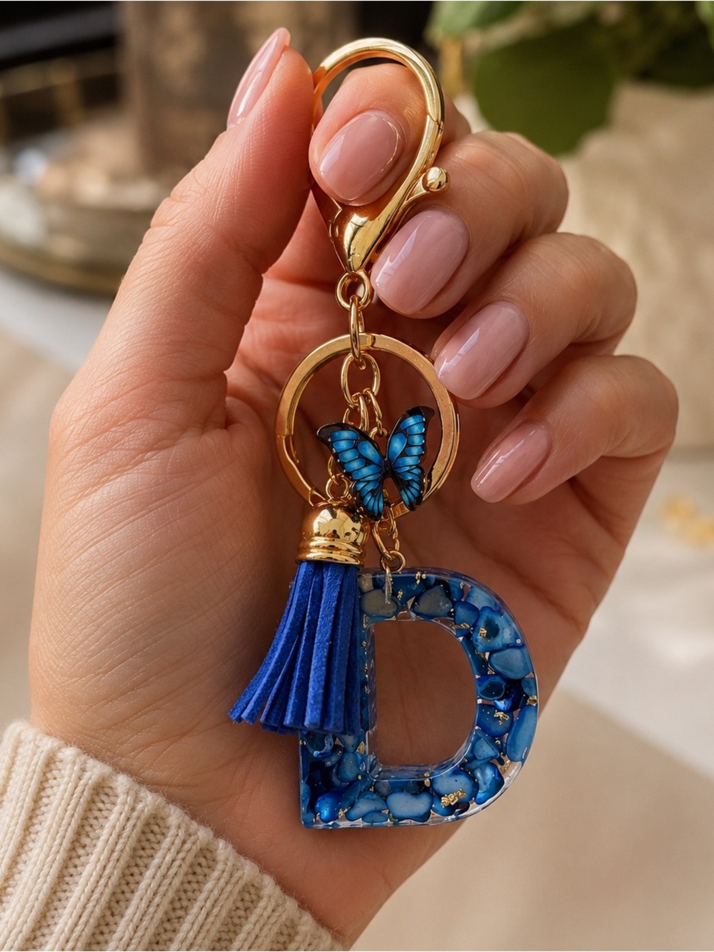 Blue Butterfly 'D' Initial Keychain with Tassel - Gold Hardware NWOT